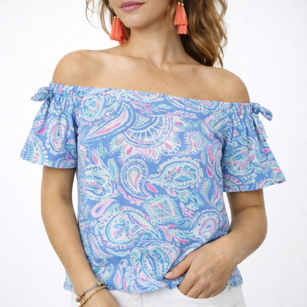LILLY PULITZER | Off the Shoulder Cotton Tamara Top - Blue Fish Kiss -Size Small